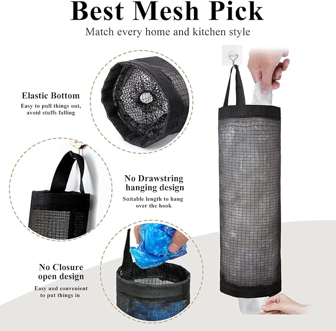 TOGETRUE Plastic Bag Holder, Grocery Bag Holder Mesh Hanging Storage Bag Dispenser (Black 2 Packs)