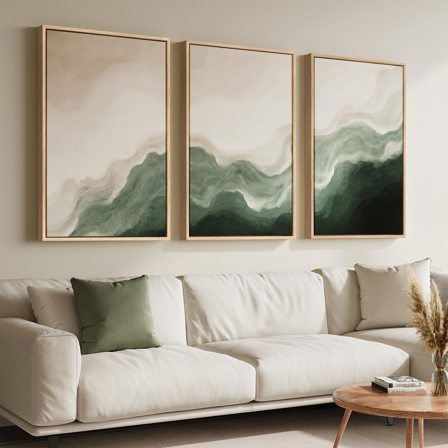 Large Framed Green and Beige Abstract Wall Art Set of 3, Modern Neutral Canvas Prints Paintings Artwork for Walls, Minimalist Abstract Pictures for Living Room Dining Room Bedroom Wall Decor 20x30 In