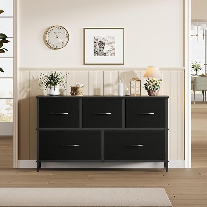 OLIXIS 5 Drawer Dresser for Bedroom, Closet Chest Organizer Furniture, TV Stand for Living Room Hallway, Wide Fabric Storage Tower with Wooden Top and Metal Frame, Black