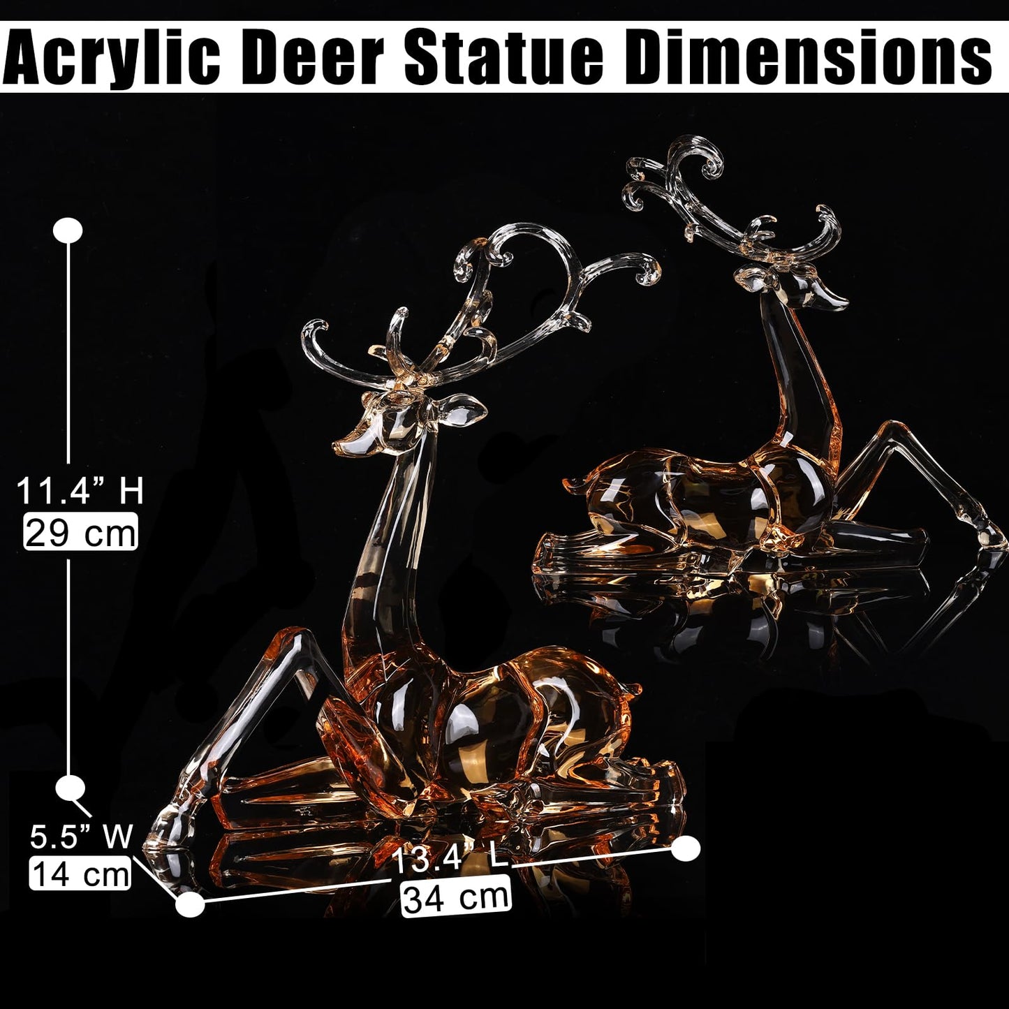 11" Tall Acrylic Christmas Reindeer Figurine - Elegant Clear Large Reindeer Ornaments for Christmas Indoor Decor, Holiday Centerpiece, Living Room, Fireplace, Table Display (Gold Sitting Reindeer)