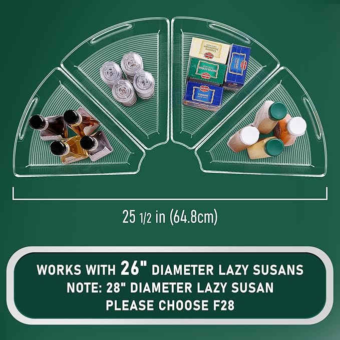 JEISSLIA Lazy Susan Cabinet Organizer Bins for 26"/ 28"/ 32" Diameter Corner Organizer, Plastic Cabinet Storage Bin, 1/8 Wedge - Food Safe, BPA Free, with Non-Slip Pads (for 26" Diameter, 4 Pack)