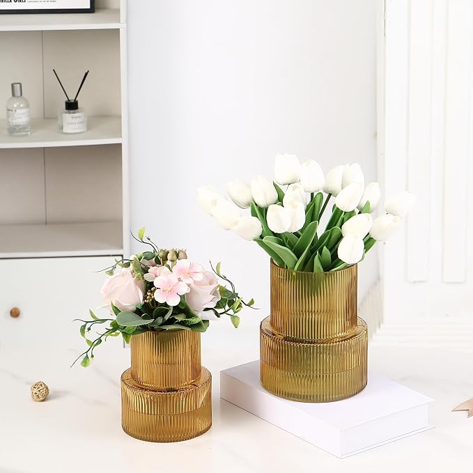 Ribbed Glass Vases for Bouquet, Set of 2 Amber Vases for Flowers, Amber Glass Vase for Tulips, Modern Vase for Living Room, Office, Coffe Table, Dining Table, Shelf, Wedding