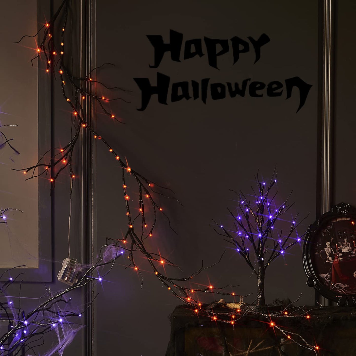 Fudios Lighted Halloween Garland with 120 Orange and Purple LED Fairy Lights for Mantle, Halloween Black Garland with Lights 8 Functios Battery Operated 6FT Indoor Outdoor Home Wall Decoration