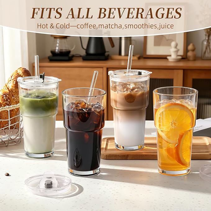 Iced Coffee Cups with Lids: Coffee Bar Accessories - Tumbler Leak Proof for To Go Iced Coffee Cups with Lids 4 Pack - 20 oz Glass Cups with Lids and Straws - Thickened Glass Tumbler with Straw and Lid