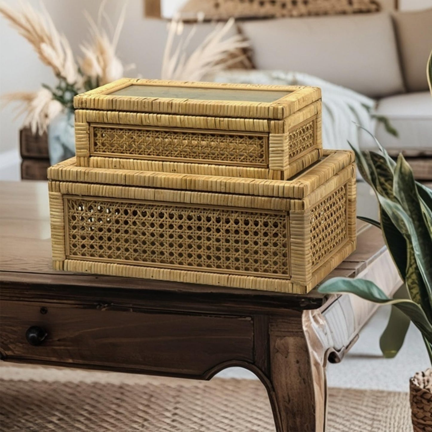 BOMINGHOME Rattan Display Box for Home Decor with Lid - Rectangular Coastal Bohemian Style Stackable Decorative Storage Box Set - Handmade from Natural Rattan, Cedar & Real Glass