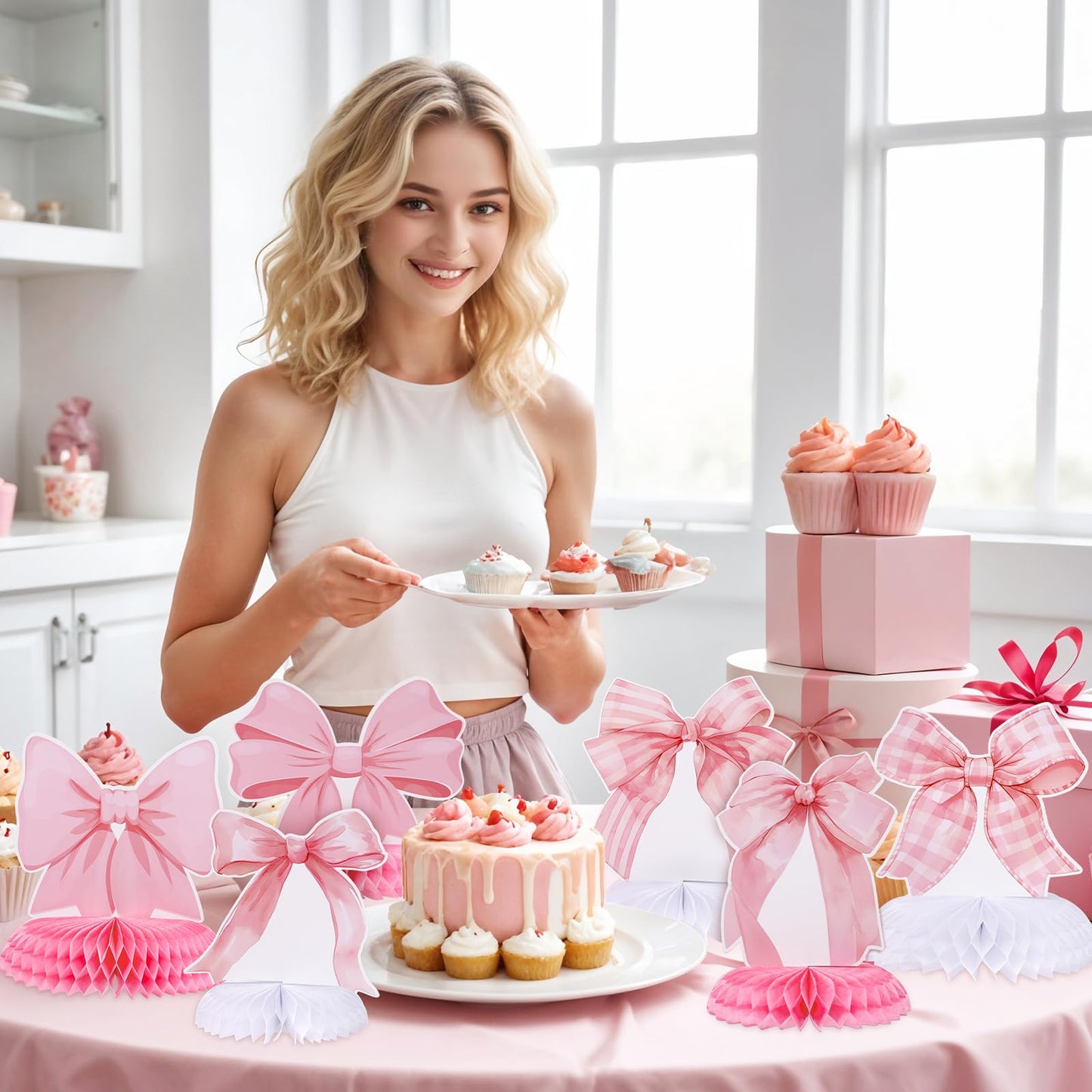 12 Pcs Pink Bow Party Honeycomb Centerpieces Pink Bow Table Centerpieces Coquette Theme Birthday Decorations Bow Party Decorations for Birthday Bachelorette Wedding Mothers Day Party Supplies