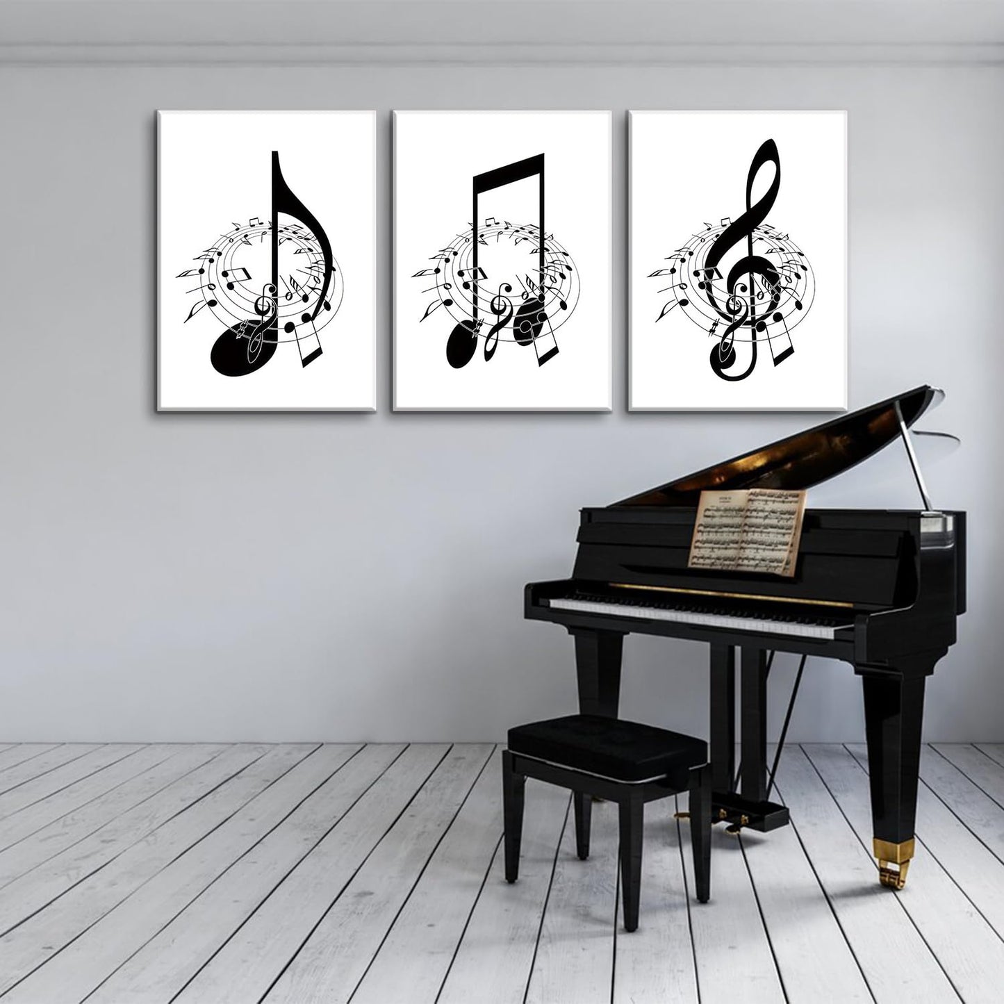 3Pcs Framed Music Notes Wall Art Black and White Music Art Pictures Prints Music Canvas Decor Musical Notes wall decor Stylish Music Room Classroom Posters(12x16in x3 Pcs Framed)