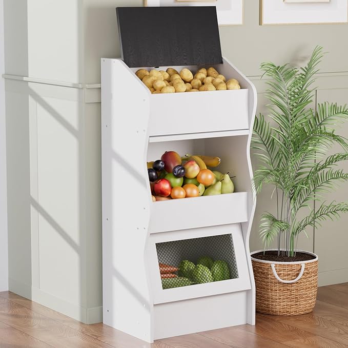 Potato and Onion Storage Bin with Lid, Root Vegetable Storage Rustic Bread Box for Kitchen Pantry, Wooden Bread Cabinet Fruit Storage Rack,White