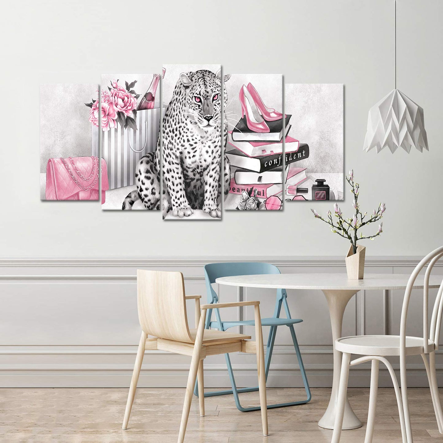 Kalormore 5 Pcs Leopard Canvas Black and White Wall Art Prints Glam High Heel Shoes Books Poster Giclee Prints Picture for Woman Bedroom Girl Gift Makeup Room Decoration (Pink, L-60 xH-32)