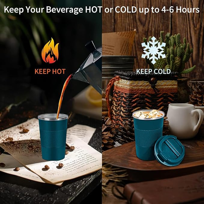 YINBAOGE Insulated Travel Coffee Mug, Spill & Leak Proof, Portable To Go Camping Stainless Steel Coffee Tumbler, Reusable Thermal Coffee Cup with Lid for Hot & Cold Drinks (Blue, 17 OZ)