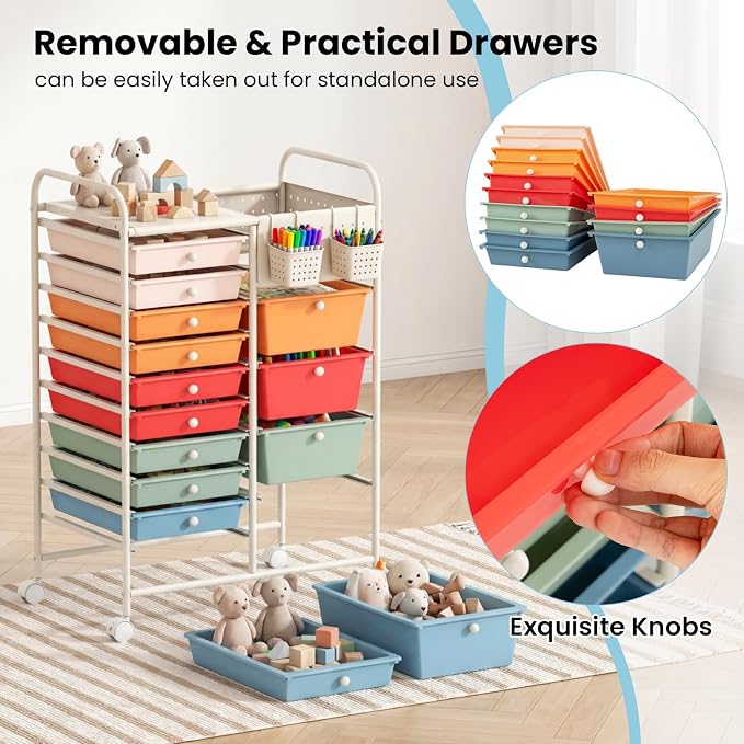 GOFLAME 14-Drawer Rolling Storage Cart with Pegboard, Craft Storage Cart with Lockable Wheels and Metal Frame, Art Cart Supply Storage Organizer for Home Office Classroom, Macaron Color
