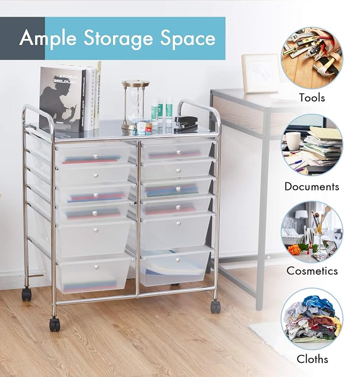 LDAILY 12 Drawer Rolling Storage Cart, Craft Cart Organizer on Wheels w/Metal Frame, Large Capacity & Smooth Drawer, Rolling Cart w/Drawers for Classroom, Office