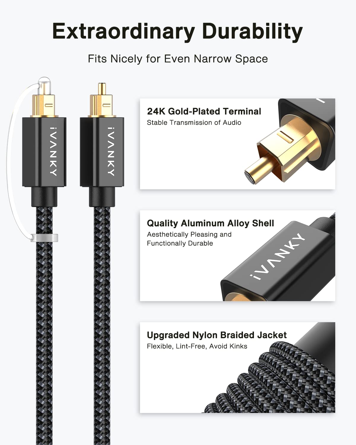 3.3ft/1M, 24K CL3 PS4, IVANKY Optical Audio Cable Nylon Braided, Gold-Plated, Slim Metal Case, Rated, S/PDIF Digital