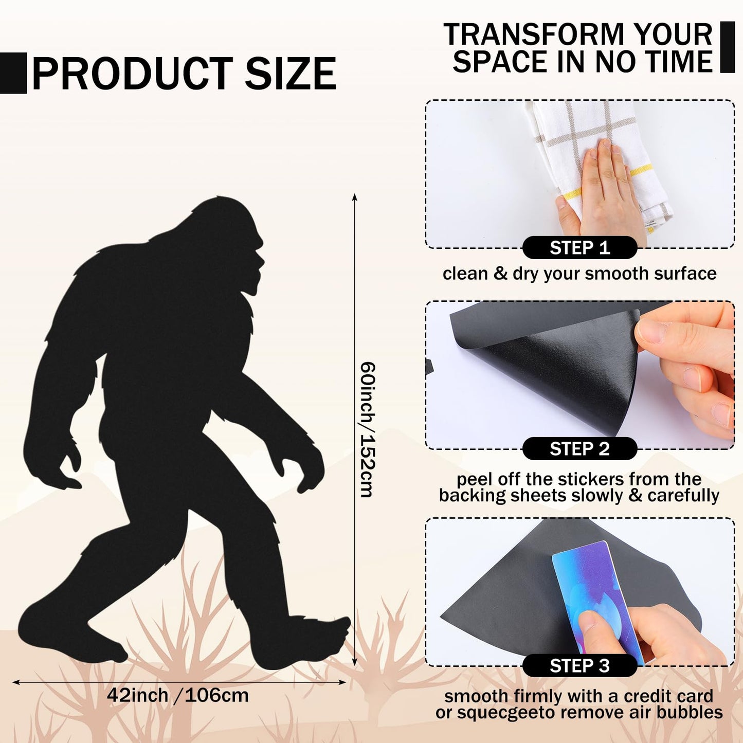Large Bigfoot Wall Decal 60 x 42 Inch Sasquatch Big Foot Silhouette Peel and Stick Wall Decals for Office Home Decor Gifts for Sasquatch Bigfoot Lovers(Black)