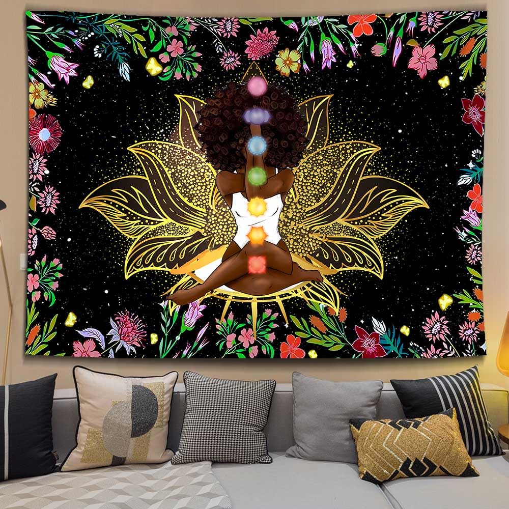 Ine Ive African Chakra Tapestry African American Woman Zen Meditation Tapestries 80x60 Inch Starry Sky Flower Garden Inspirational Afro Yoga Wall Art for Bedroom Dorm Decor