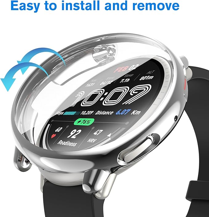 Fintie 3 Packs Screen Protector Case Compatible with Amazfit Active 2, Soft TPU Plated Bumper Full Protective Cover Cases Scratch-Proof, Black/Clear/Silver