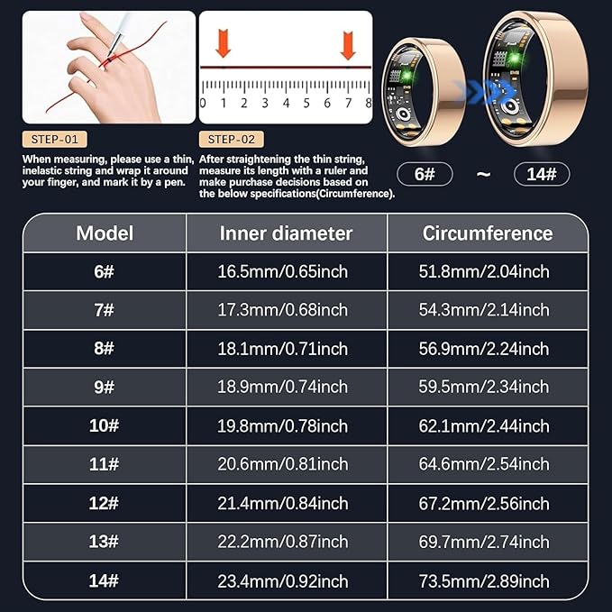 Health Tracker Ring, Smart Health Ring forWomen len with Heart Rate, Blood Oxygen,Sleep Monitor, Steps,Calories, No SubscriptionFee,lP68 Waterproof Smart Ring for iPhone &Android (Rose Gold,10#)