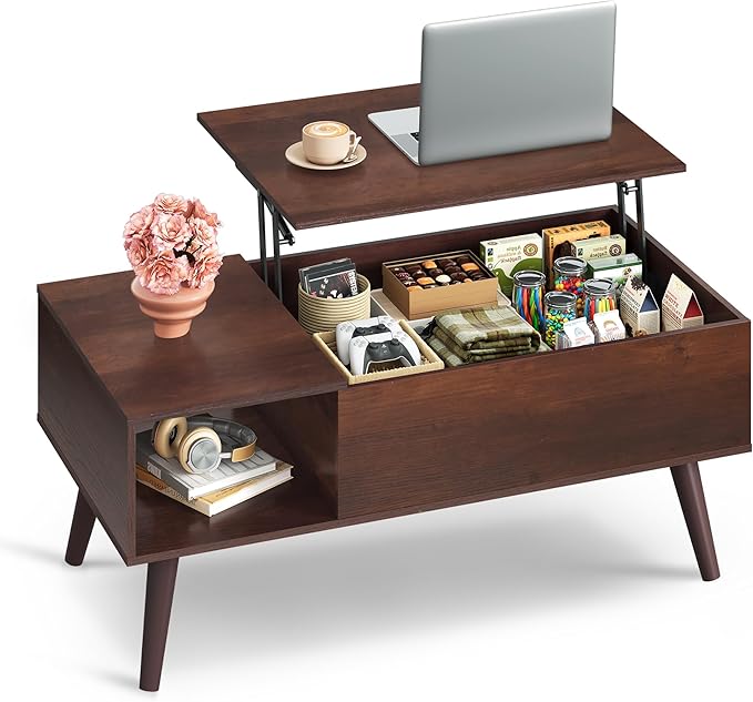 WLIVE Coffee Table for Living Room, Lift Top Coffee Table with Storage, Small Rising Wooden Dining Center Table with Storage Shelf & Hidden Compartment, 39" Espresso