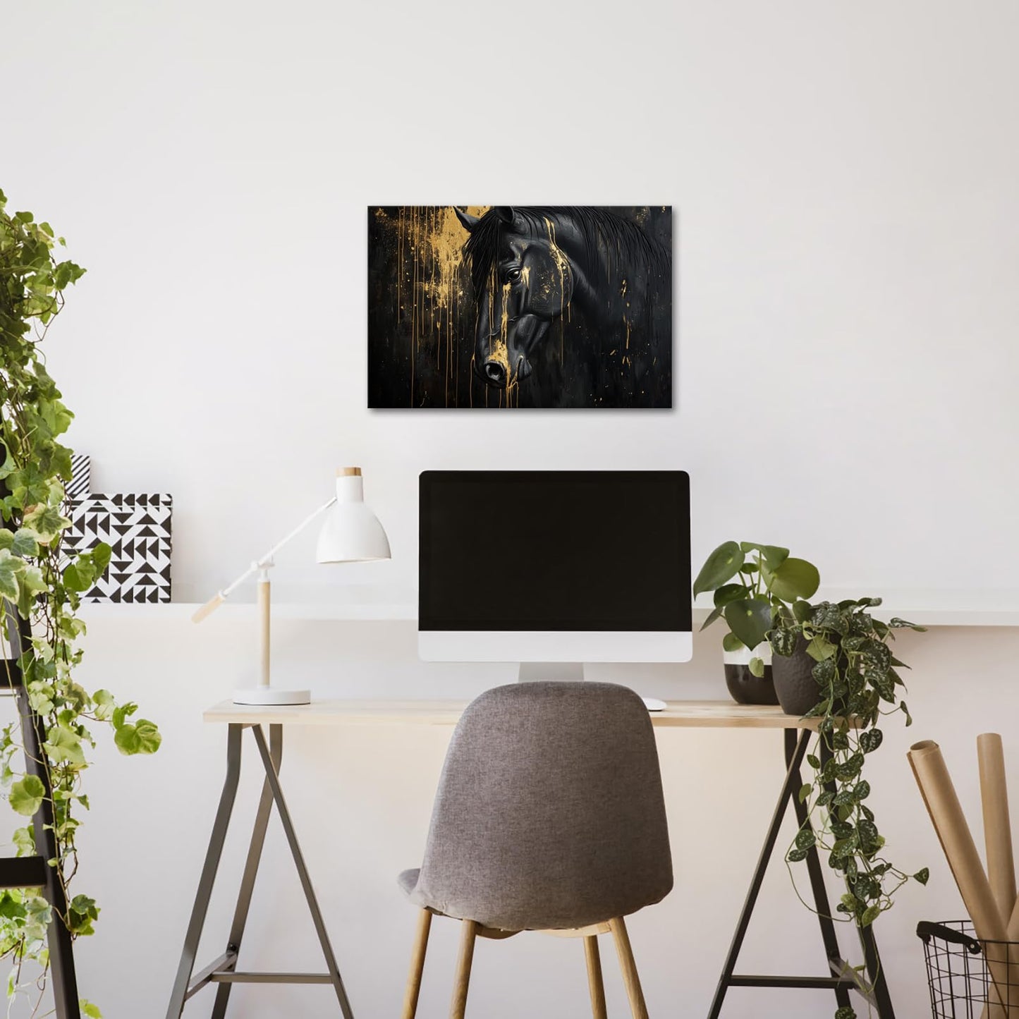 seteuret Black and Gold Wall Art, Abstract Horse Painting Prints - Drip Effect Canvas Artwork for Modern Office Decor, 16"x24"