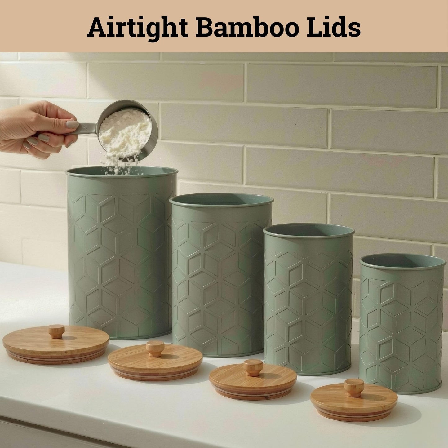 Kitchen Canisters for Countertop Set of 4 - Textured Iron Kitchen Canisters with Airtight Lids - Flour Sugar Canister Set - Flour and Sugar Containers Farmhouse - Coffee Jar for Counter - Sage Jar x4