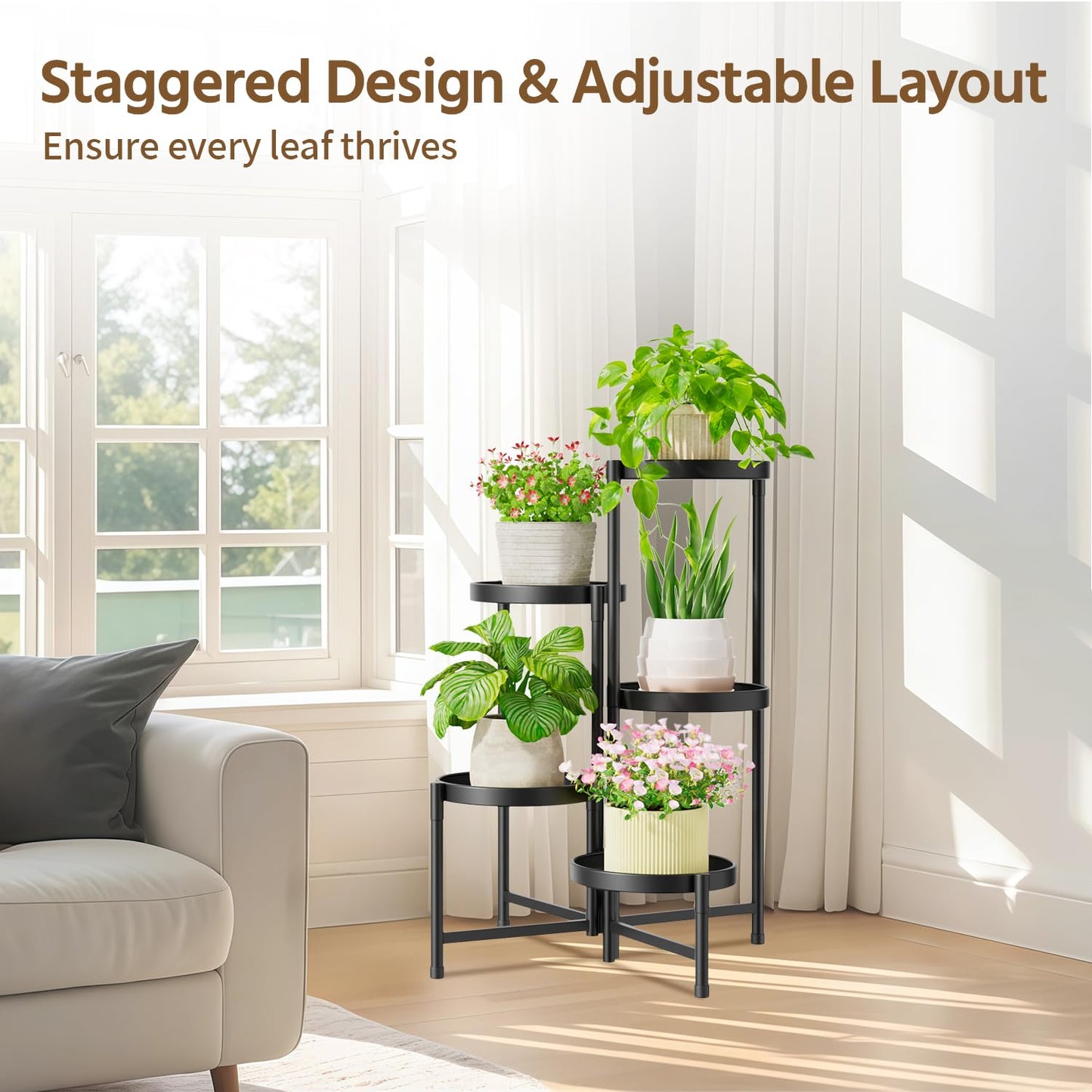 LASZOLA 5 Tier Large Plant Stand Indoor Tall with 10 Inch Metal Tray, Corner Folding Flower Display Rack, Modern Plant Holder Shelf for Outdoor Patio Porch Garden Office Living Room, Black