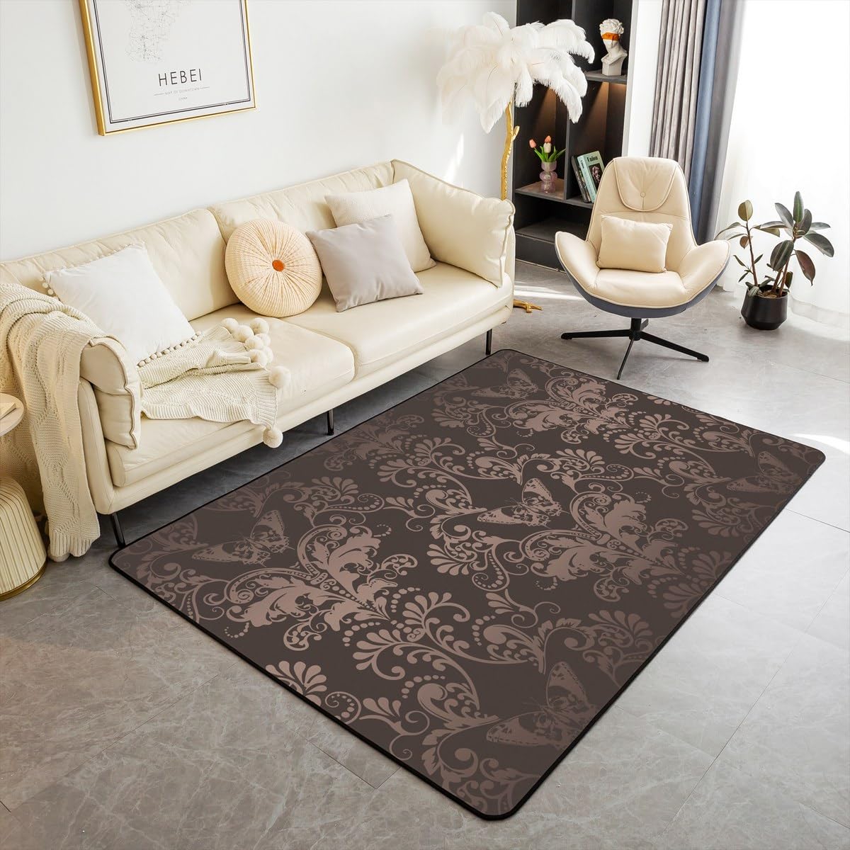 Adult Bohemian Exotic Indoor Floor Mat 3x5 Jacquard Damask Carpet Antique Victorian Baroque Area Rug Butterfly Floral Pattern Decorative Rug for Bedroom Living Room Non Slip,Brown Black
