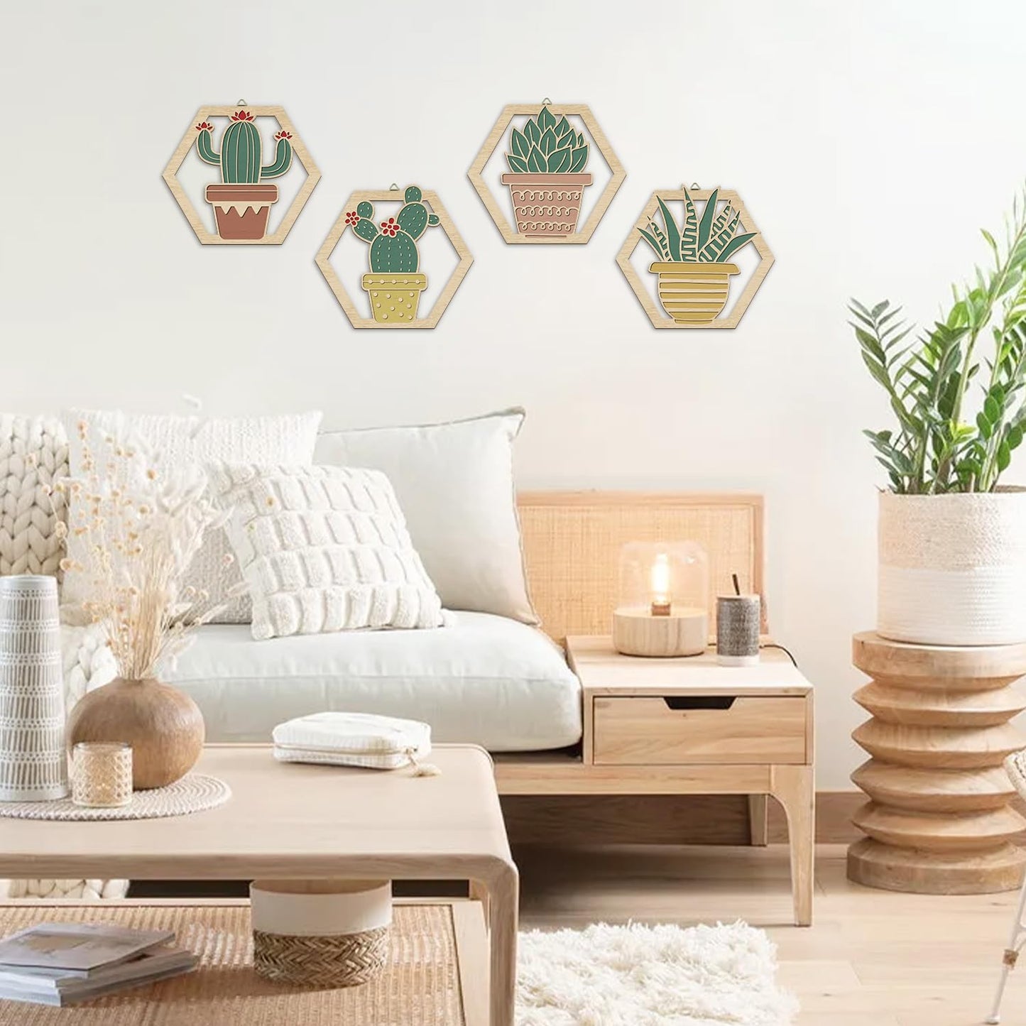 HOURIA 4Pcs Boho Cactus Wall Decor(10”x9”),Rustic Tropical Botanical Floral Wall Art,Hexagon Southwest Succulent Plant Wood Hanging Sign for Farmhouse Toilet Restroom Living Room Office