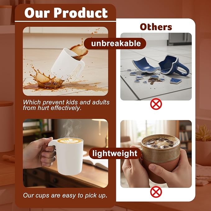 Wheat Straw Coffee Mugs Set of 6, Unbreakable 16 OZ Reusable Coffee Cups, Alternative Plastic Mugs with Handles, Lightweight Mug, Microwave Safe & Dishwasher Safe Mug Set, White