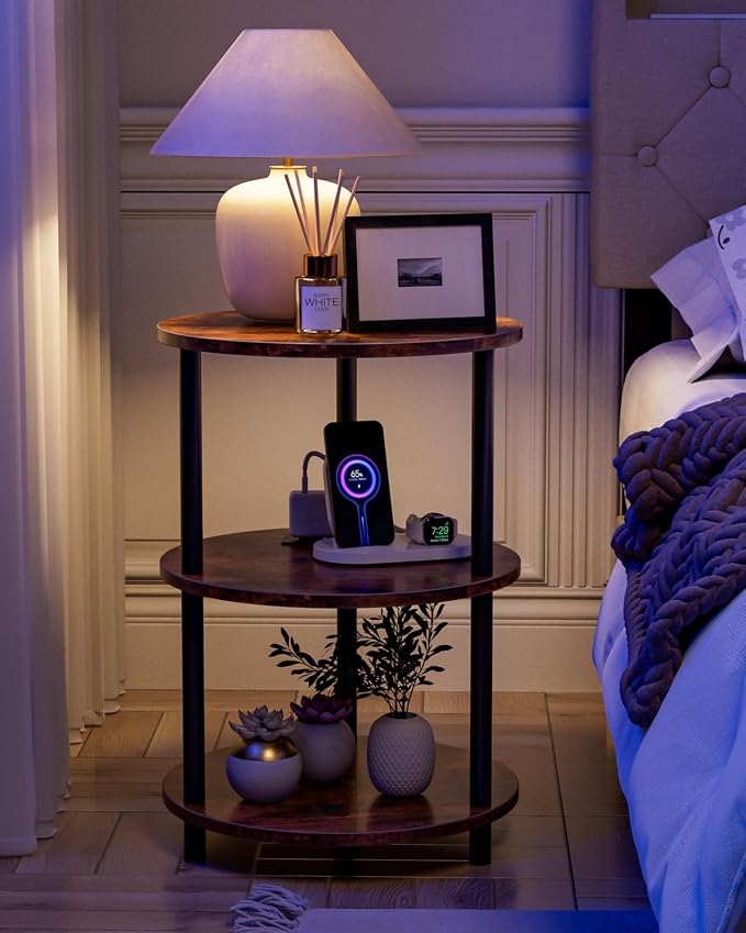 XBurmo Small Round End Table - 3 Tier Design Accent Table, Narrow Side or Bedside Stand, Industrial Vintage Table for Small Spaces, Built-in USB Ports and Power Outlet, Rustic Brown