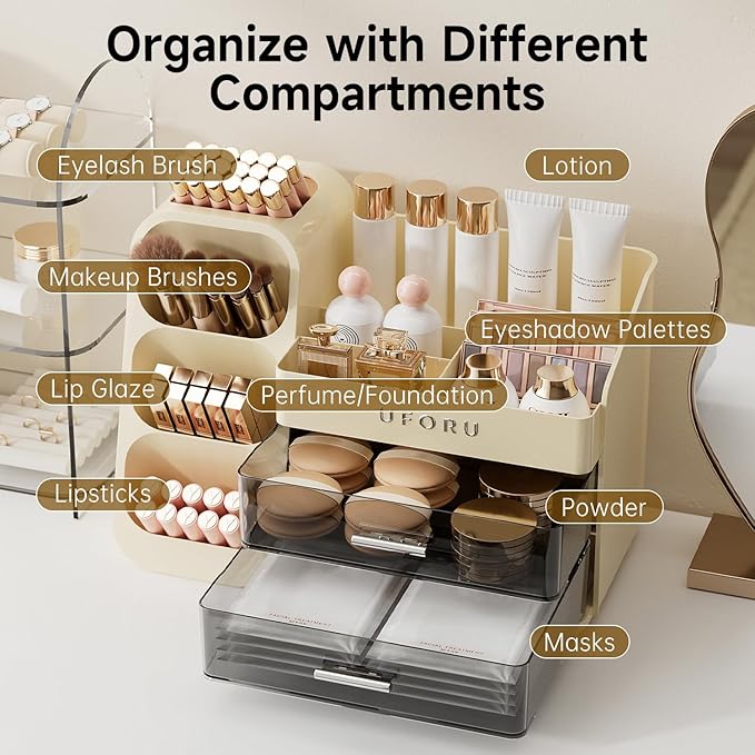 UFORU Makeup Organizer for Vanity with Brush Holder, Large Capacity Bathroom Countertop Skincare Organizer with 2 Drawers, Cosmetic Display Case for Perfumes, Eyeshadow Palettes, Nail Polishes