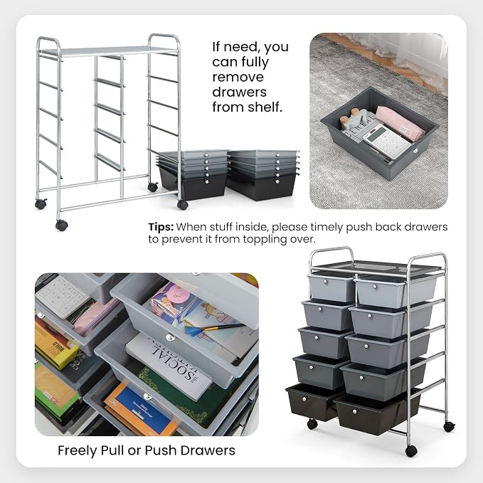 Giantex 10 Drawers Rolling Cart, Classroom Organizers, Storage Cart with Wheels, for Teacher Office Home School Supplies Tool Craft Art Paper, Black Gradient