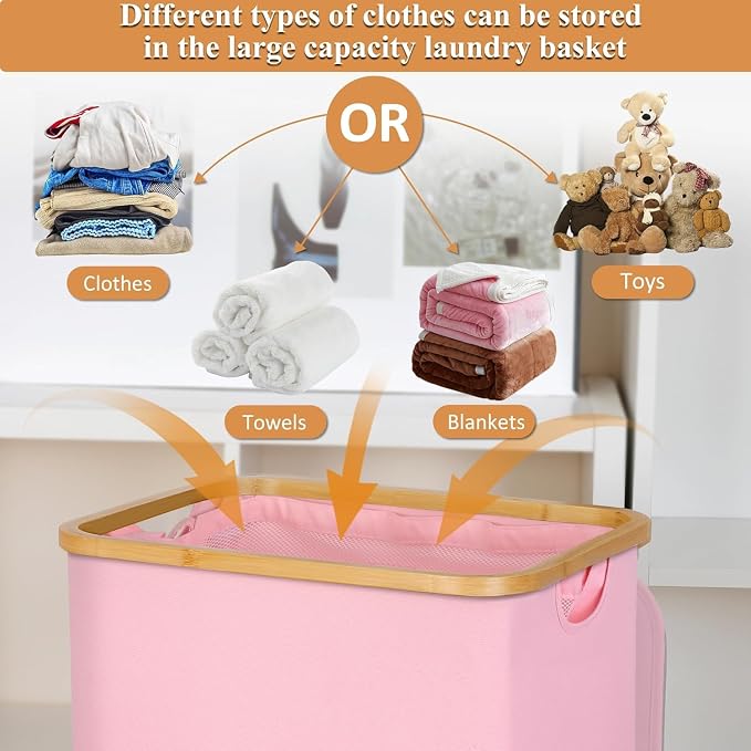 iEGrow Laundry Hamper with Wheels,110L Laundry Basket with lid Rolling Clothes Hamper Dirty Clothes Basket on wheels with Bamboo Frame and Bag for Bedroom, Dorm, Laundry Room,Pink