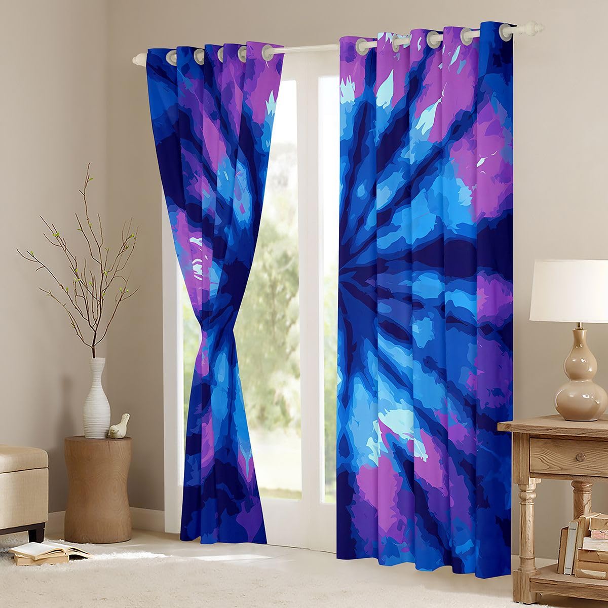 Feelyou Tie Dye Curtains Boho Psychedelic Swirl Grommet Curtain for Bedroom Bohemian Gypsy Thermal Curtain Trippy Boho Tribal Window Draperies Blue Purple 42W x 84L Set of 2 Panels