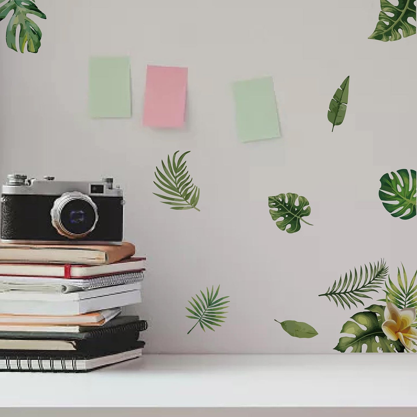CRASPIRE 8 Sheets Green Leaf Window Stickers Tropical Leaves PVC Waterproof Self Adhesive Summer Wall Decals Natural Palm Plant Rectangle Removable for Stairway Home Decoration TV Wall Art