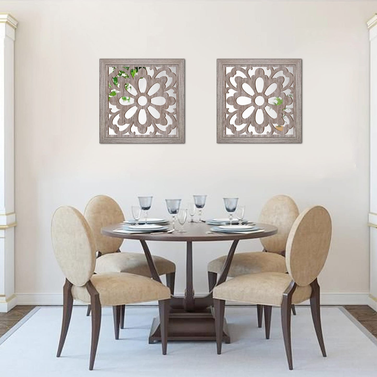 Yudarte 2pcs Set Square Mandala Cutout Wall Mirror Decor - Farmhouse Rustic Decorative Mirrors for Bedroom Bathroom Living Room Kitchen Entryway 12x12 Inches