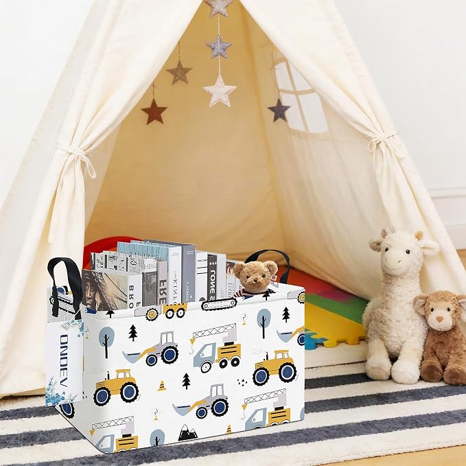Rectangular Construction Vehicle Storage Basket for Boys,Collapsible Fabric Toy Storage Bin with Handles,Cute Excavator Tractor Truck Organizer for Kids Room,Nursery,Playroom,Closet (Excavator)