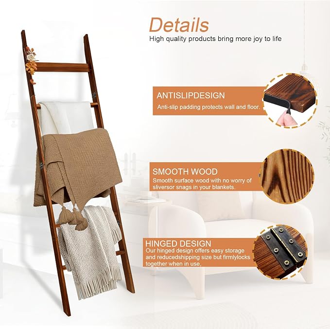 Wooden Blanket Ladder, Leaning Towel Rack with 5 Hooks, Rustic Quilt Display Ladder Stand for Bathroom, Bedroom, Living Room, Easy Assembly