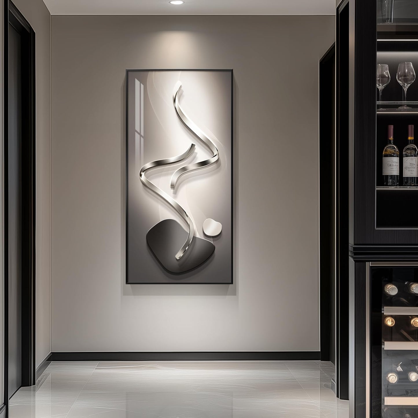 Large Framed Modern Abstract Vertical Wall Art for Living Room, Black Grey Prints Paintings Artwork for Walls, Silver Gray Luxury Pictures for Hallway Entryway Foyer Stair Office Wall Decor 30x60 Inch