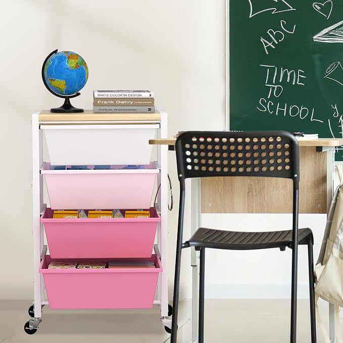 Rolling Cart with Drawers, Rolling Storage Cart with Large Plastic Drawers & Wooden Tabletop, Utility Cart with Pegboards & Basket, Storage Drawers Cart for Living Room, Classroom, Bedroom, Office