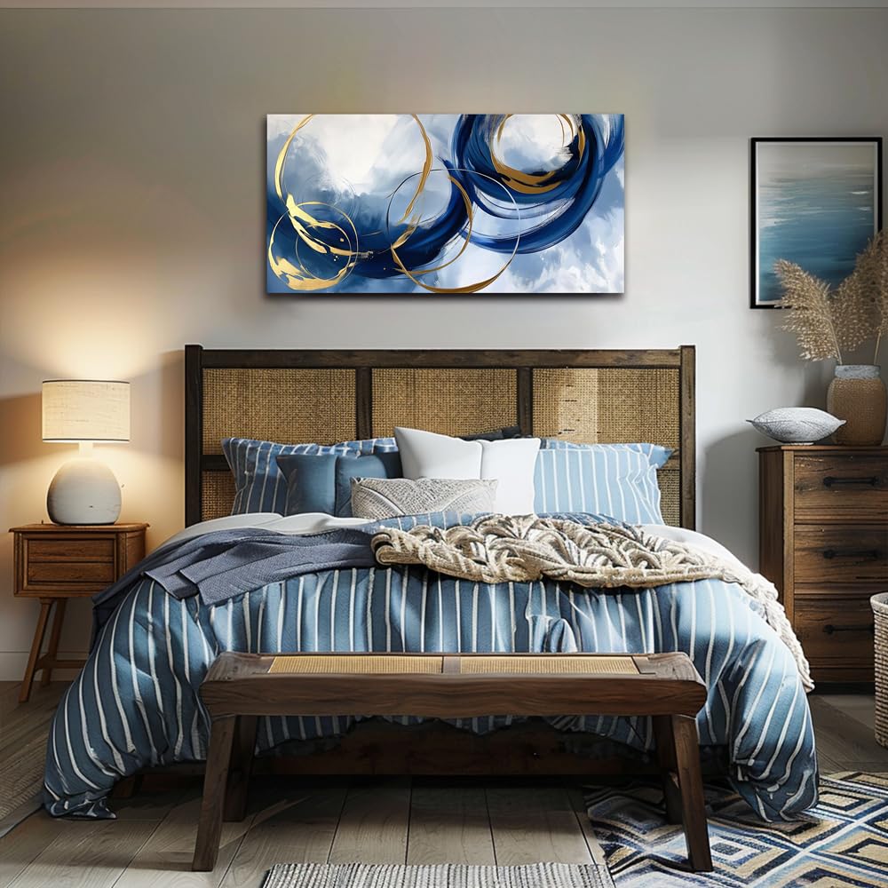 Abstract Wall Art Nave Blue Modern Canvas Pictures Art Print Gold Contemporary Artwork Painting Decor for Living Room Bedroom Home Office Decorations(20"x40")