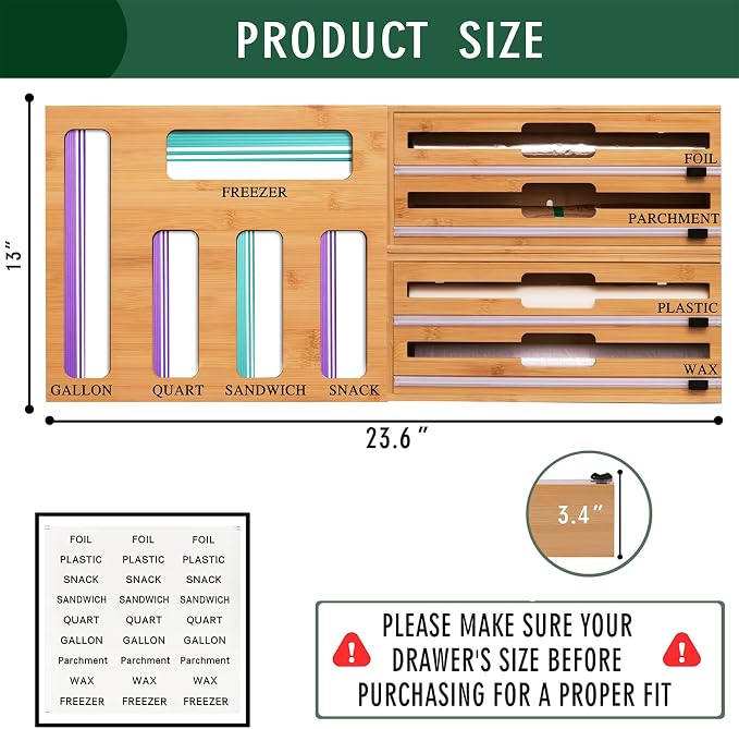 9 In 1 Storage Bag Organizer And Plastic Wrap Dispenser With Cutter, Bamboo Foil and Plastic Wrap Organizer