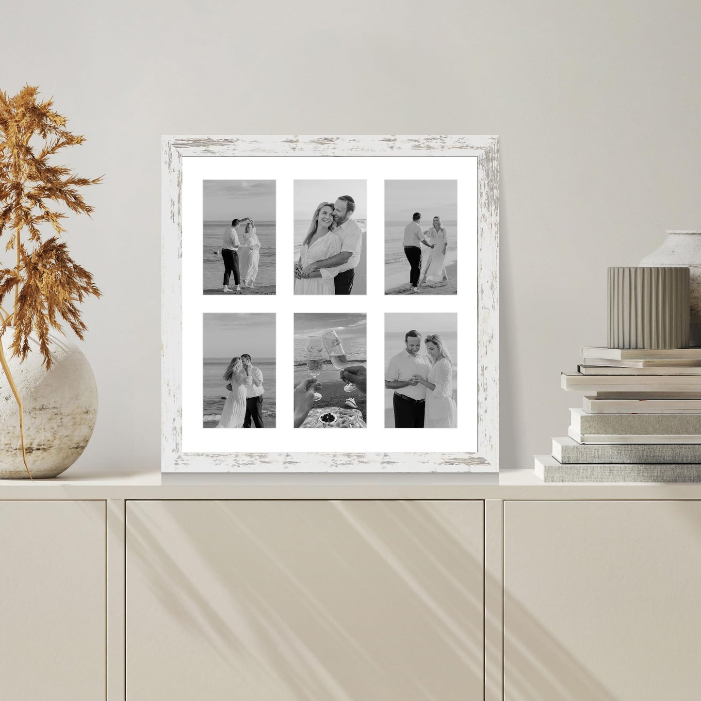 Hongkee 14x14 Picture Frame Set of 2, Distressed White with Glass Collage Frame, Display Photo Six Opening 4x6 With Mat or 14 x 14 Without Mat - Horizontal or Vertical Wall Mounting