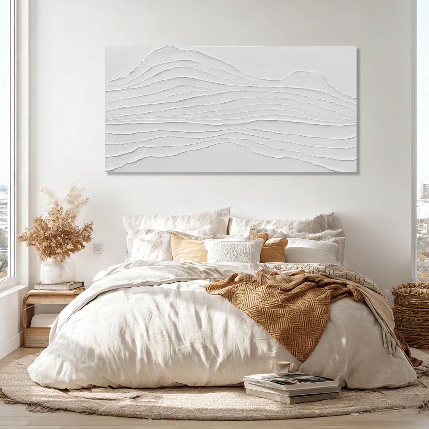GAIDUOMAI Large Abstract Wall Decor White Line Wall Art Textured Minimalist Poster Contemporary Wall Painting for Living Room Office Bedroom 29"x 58" Hallway Decor