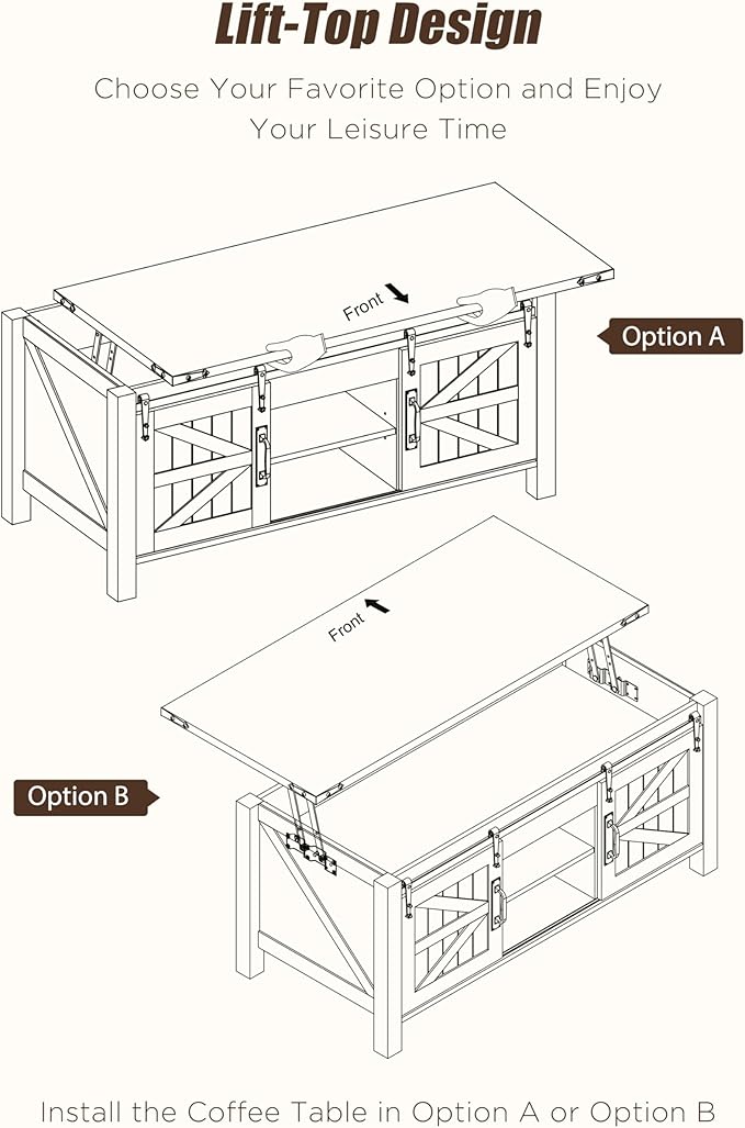 OKD 48" Farmhouse Lift Top Coffee Table with Sliding Barn Door,Rustic Center Table with Hidden Storage Compartment,Lifting Tabletop and Adjustable Shelf for Living Room,Office,Antique White