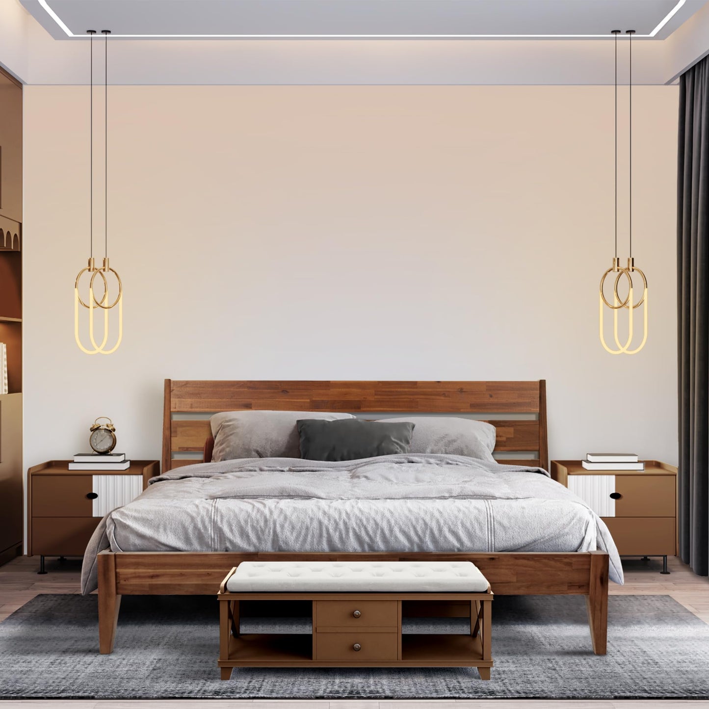 Acacia Emery Bed Frame with Headboard Solid Wood Platform Bed, King Size Bed Frame, Mid - Century Modern Wood Bed Compatible with All Mattresses, Easy Assembly, Non-Slip, Walnut