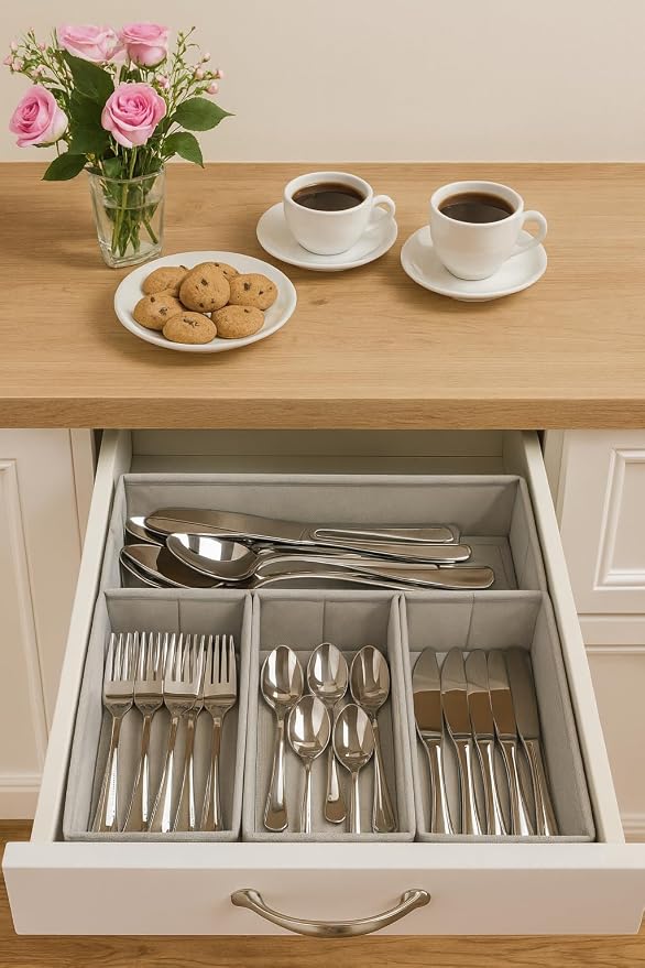 Drawer Organizer, 4-Piece Rigid Fabric Bins for Kitchen | Ideal for kitchen, bathroom, cosmetics, utensils, silverware, and gallon, quart, sandwich & snack bags