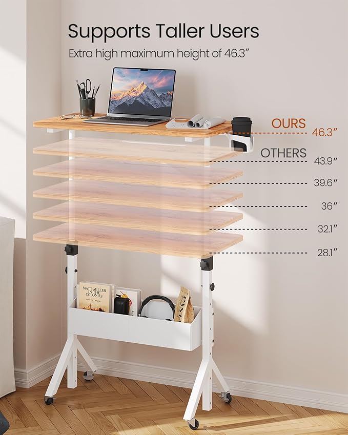 ErGear Mobile Standing Desk with Wheels, Adjustable Height 28.3″ to 46.1″, Rolling Laptop Cart with Cup Holder, Storage Basket, Computer & Pen Slot, Home Office Stand Up Desk, Light Vintage Brown