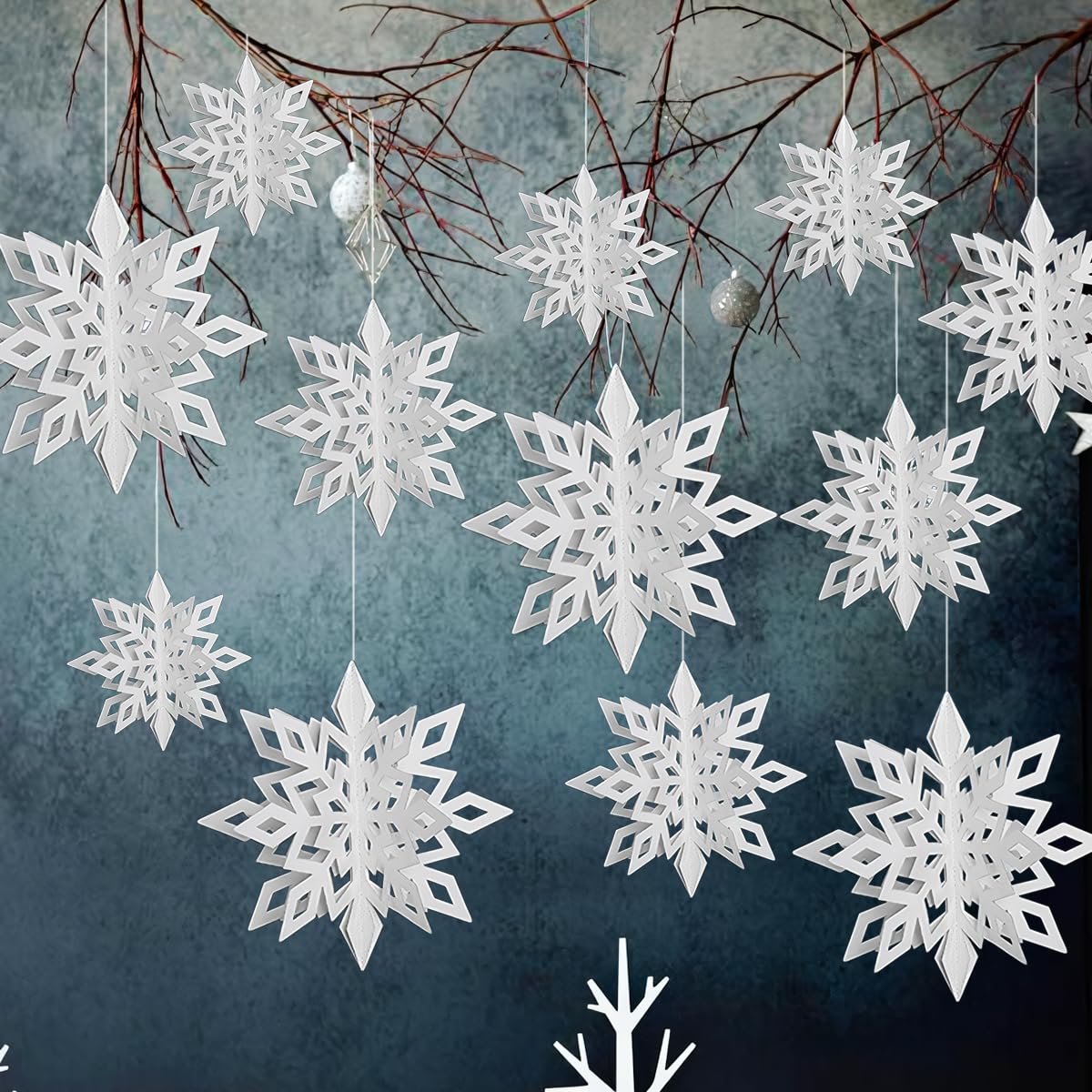 Snowflake Hanging Decorations - 3D Large Snowflakes Paper Hanging Garland for Christmas Winter Wonderland Holiday New Year Party Home Decoration 12PCS (White)