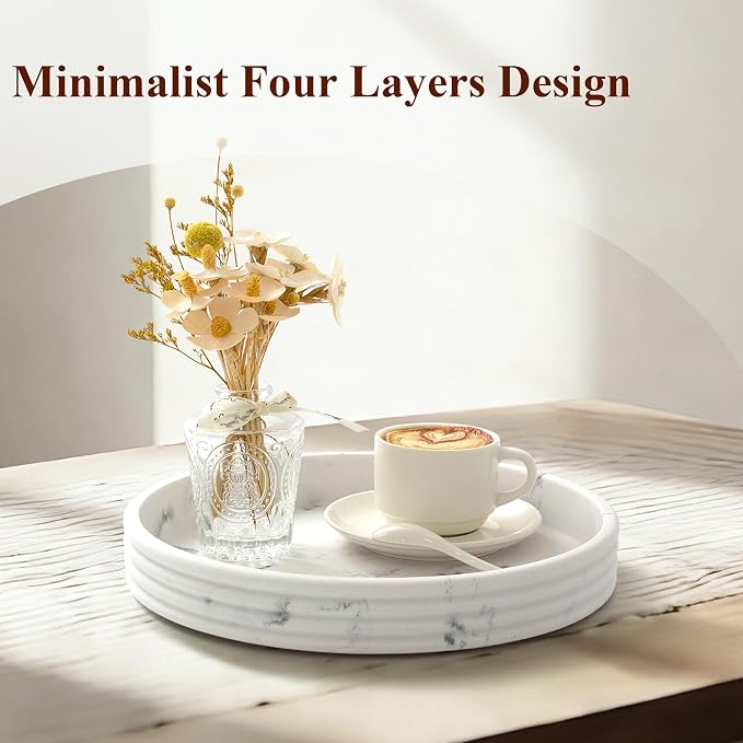 YMXYJM Round Decorative Tray - Modern Coffee Table Tray Decor, Resin Home Decor for Living Room & Bedroom. Multi-Functional Coffee Table Centerpiece with Anti-Slip Pads - 11x1.5 Inch Key Trays - White