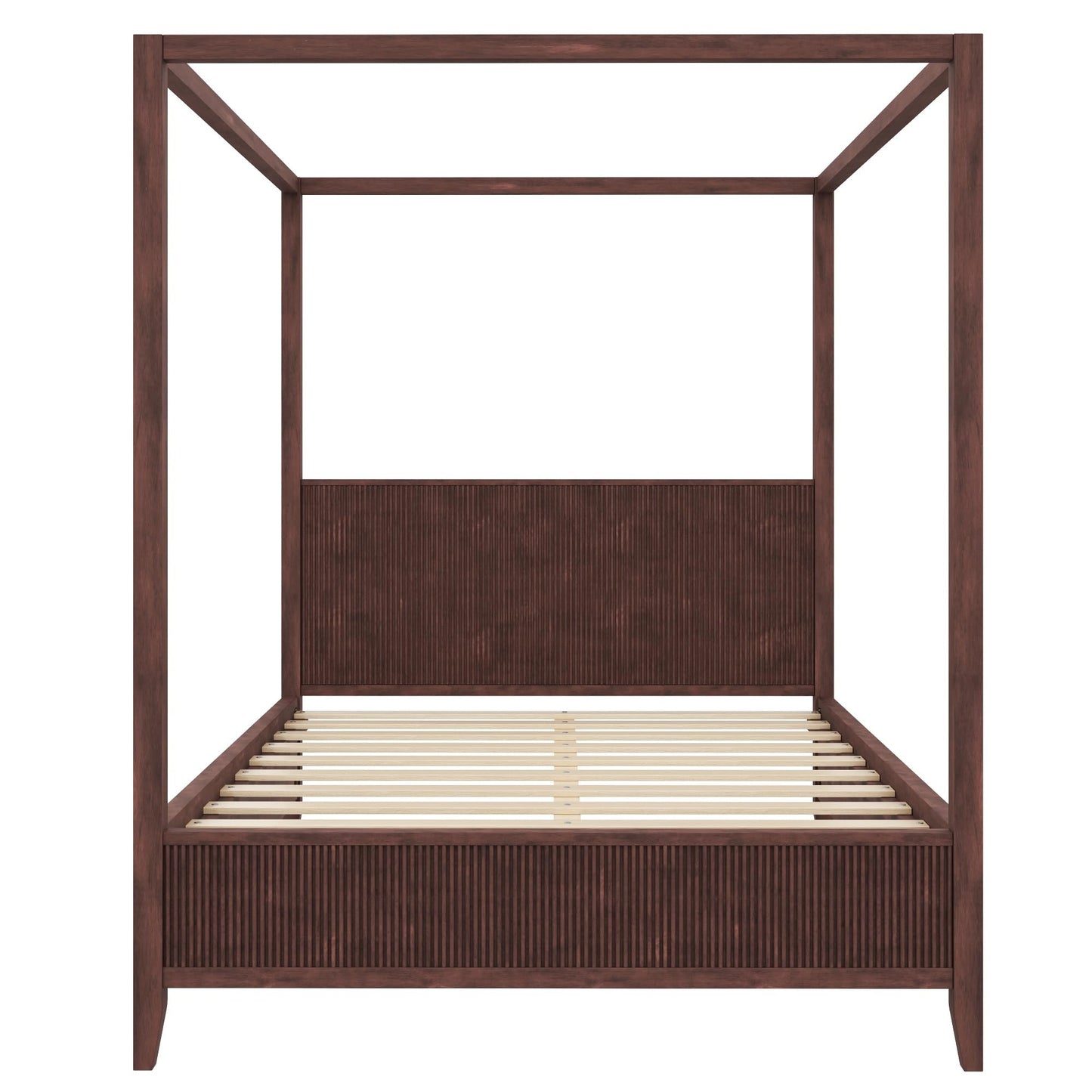 Merax Modern Luxury Queen Size Wooden Canopy Bed Frame with Headboard, Slats Support, Wood 4 Poster Bed Frame, No Box Spring Needed, Contemporary Bedroom Furniture, Espresso